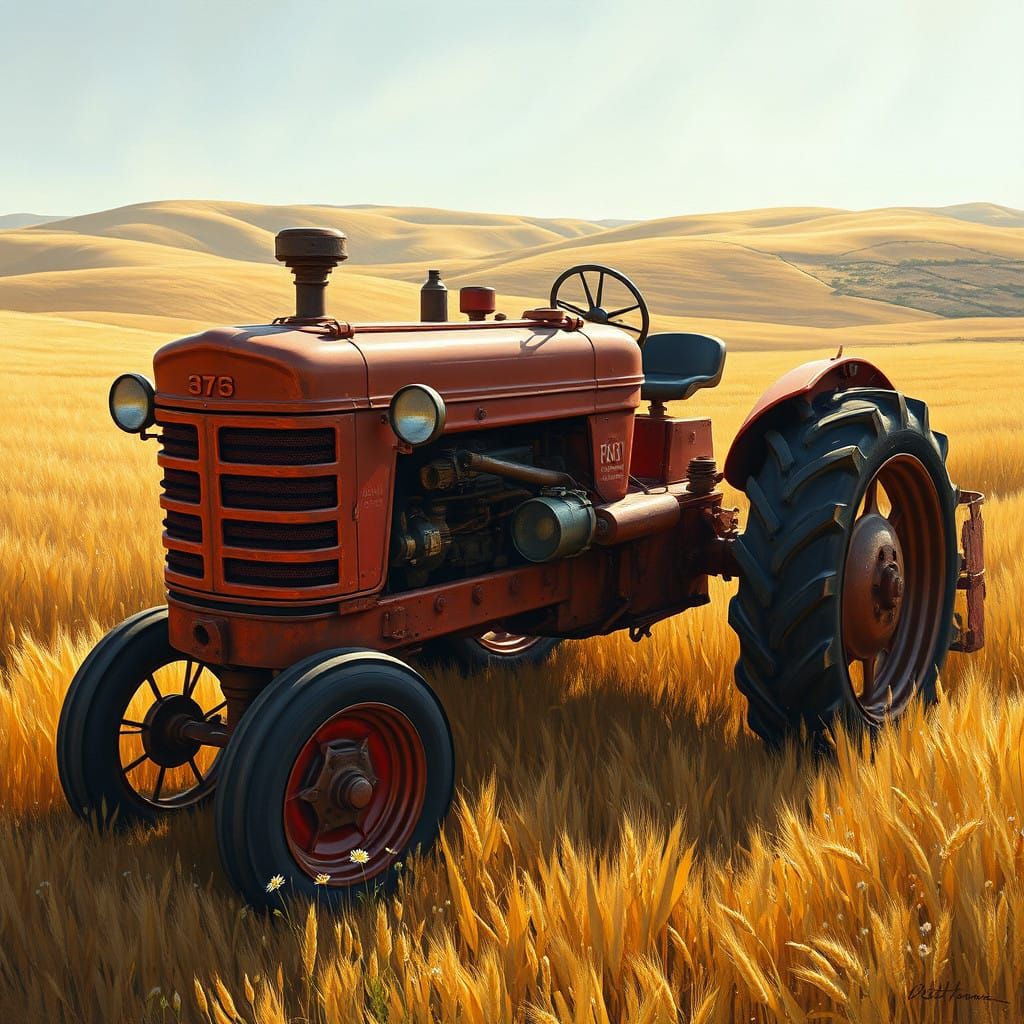 Vintage Tractor in Golden Wheat Field: Rustic Landscape