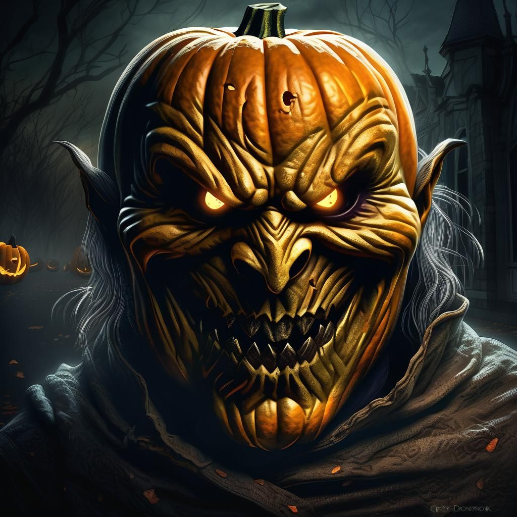 Evil Pumpkin Head Horror in Hyperrealistic Style
