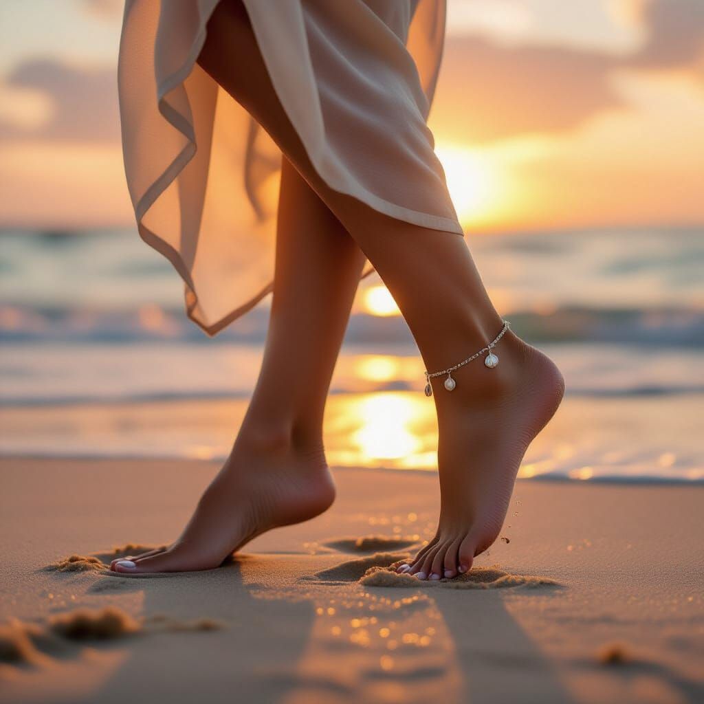 Woman's Foot on a Golden Beach at Sunset