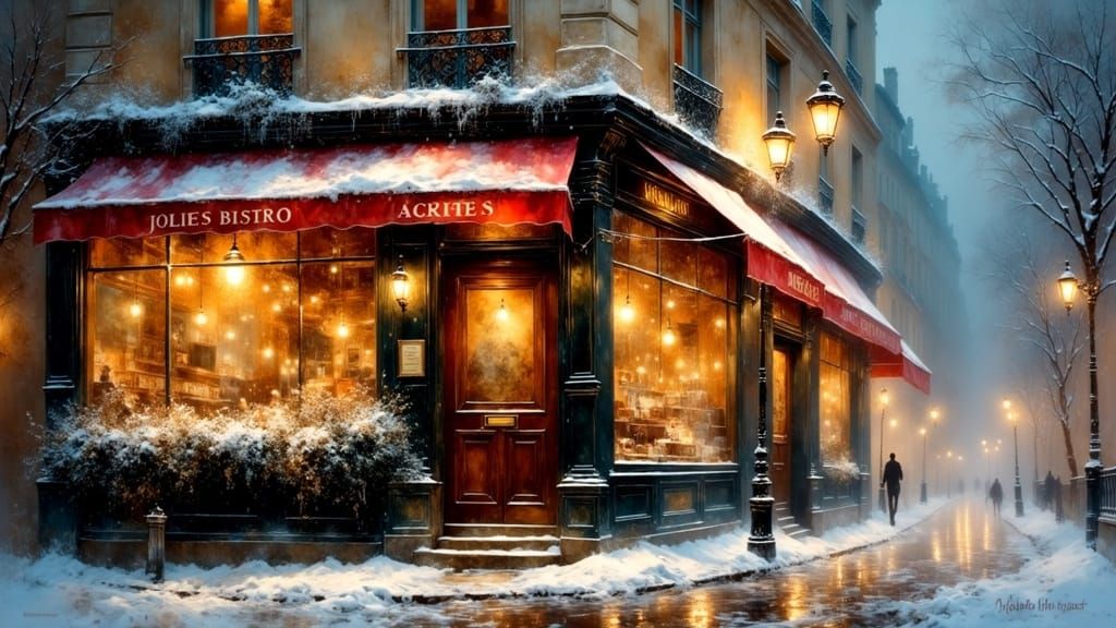 Paris Bistro at Night Covered in Snow