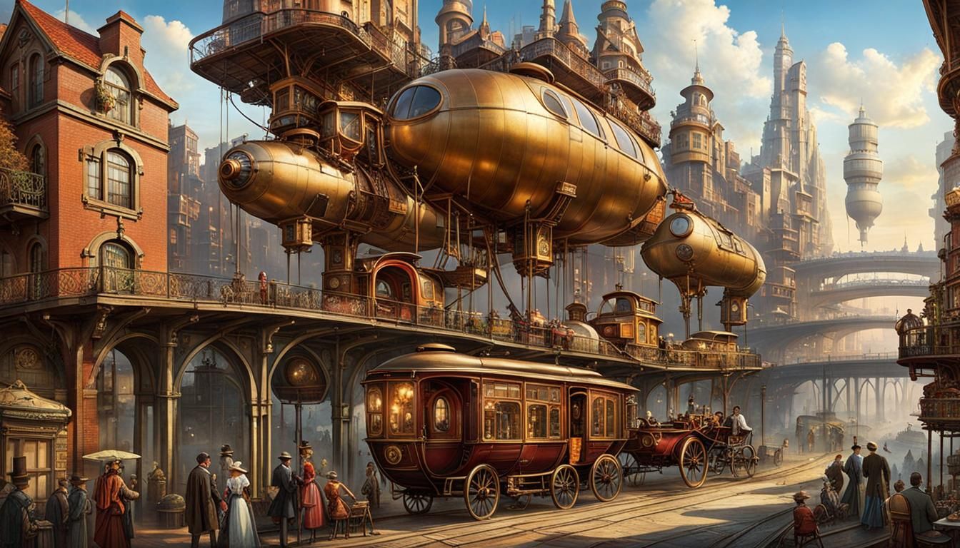 Steampunk Cityscape with Flying Machines and Elevated Rails