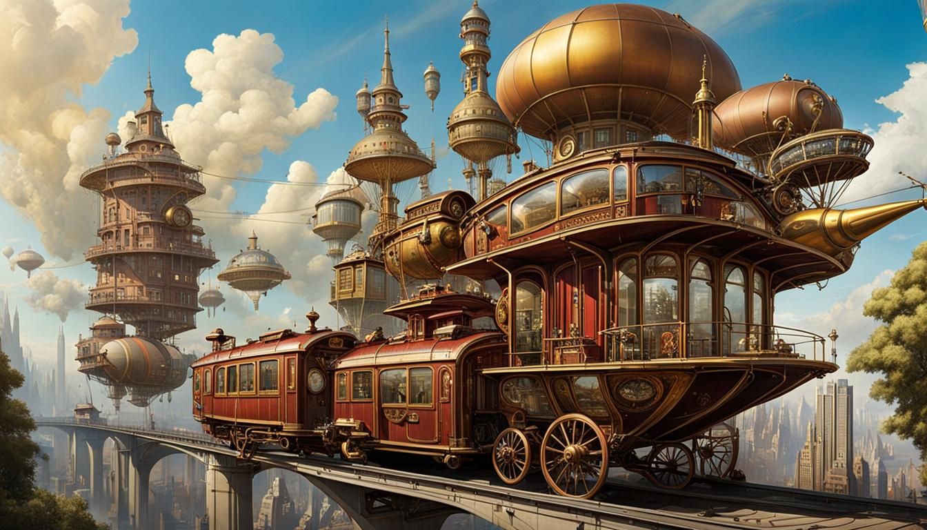 Steampunk Cityscape with Flying Machines and Viaducts