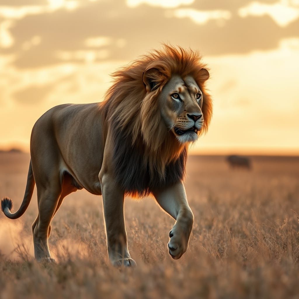 Majestic Lion in Golden Hour, African Savanna