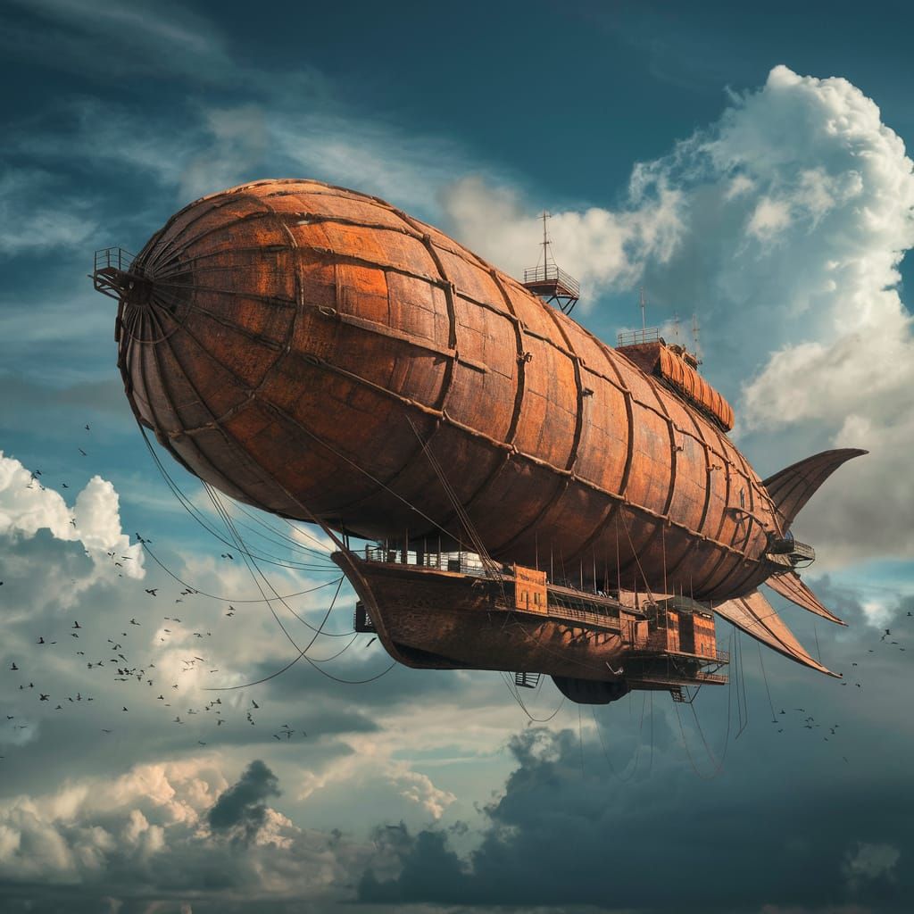 Dark Fantasy Airship Soaring Through Cloudy Sky