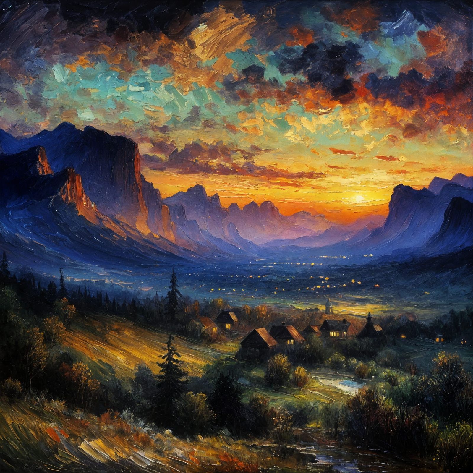 Enigmatic Twilight Landscape as Post-Impressionistic Oil Pai...