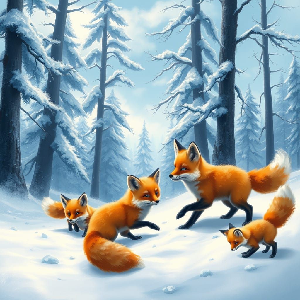 Whimsical Baby Foxes in a Snowy Forest Scene
