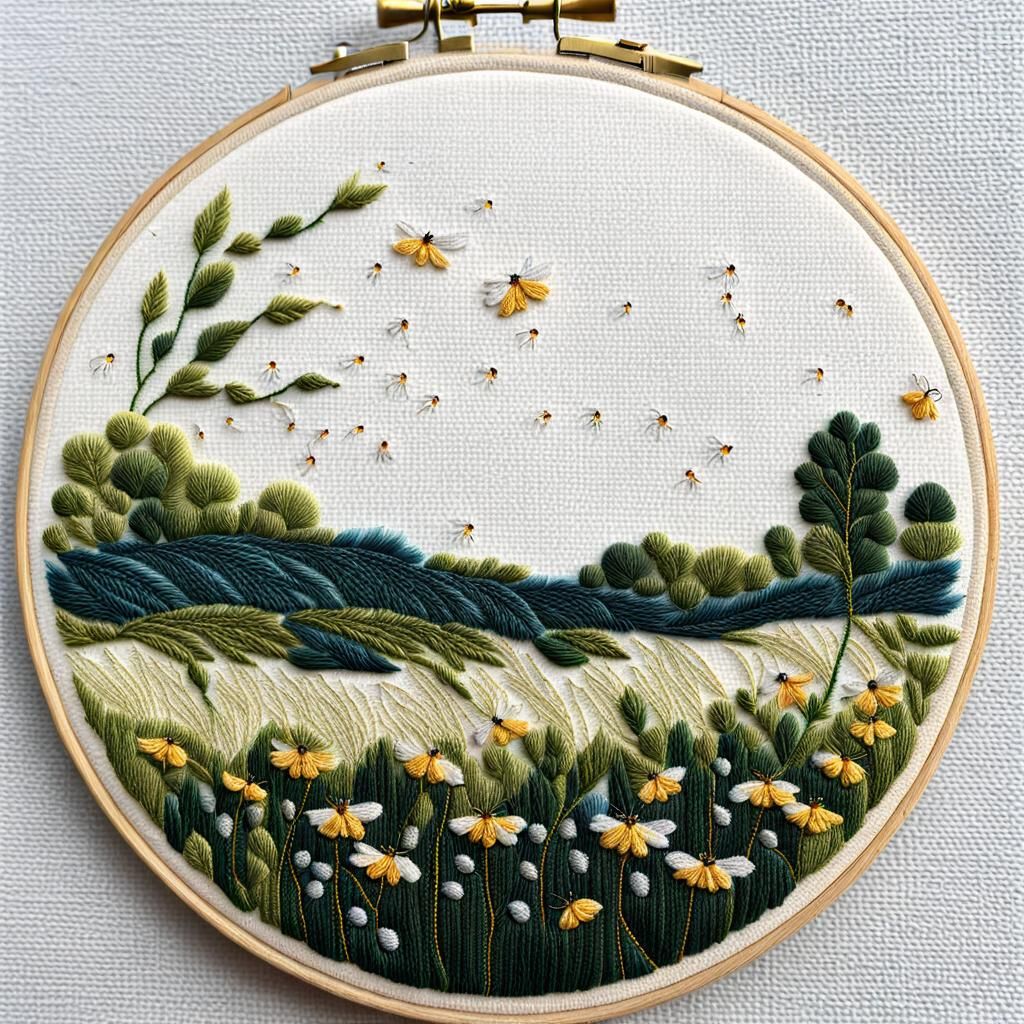 Embroidered Summer Field with Fireflies