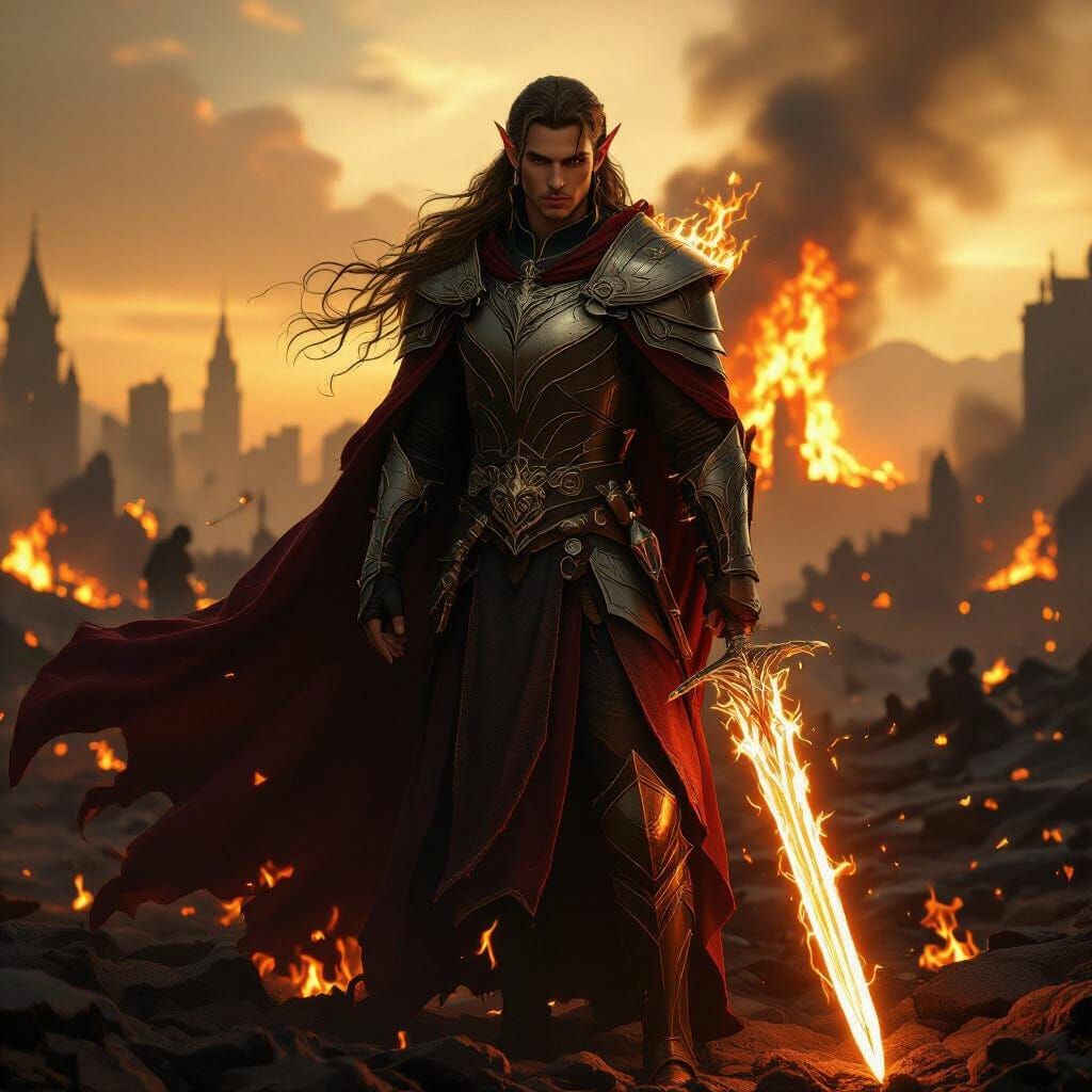 Elven God of War in a Burning City