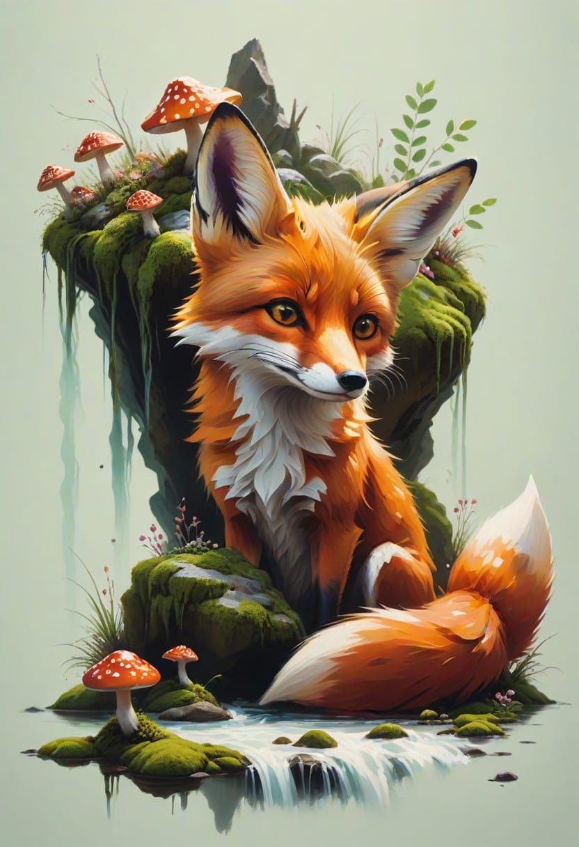 Relaxed Fox by Waterfall: Hyperrealistic Oil Painting