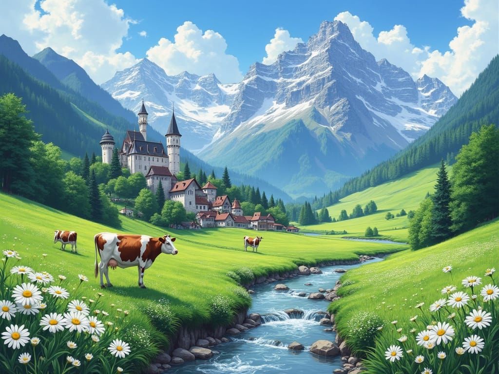 Anime Swiss Alps Landscape with Village and Castle