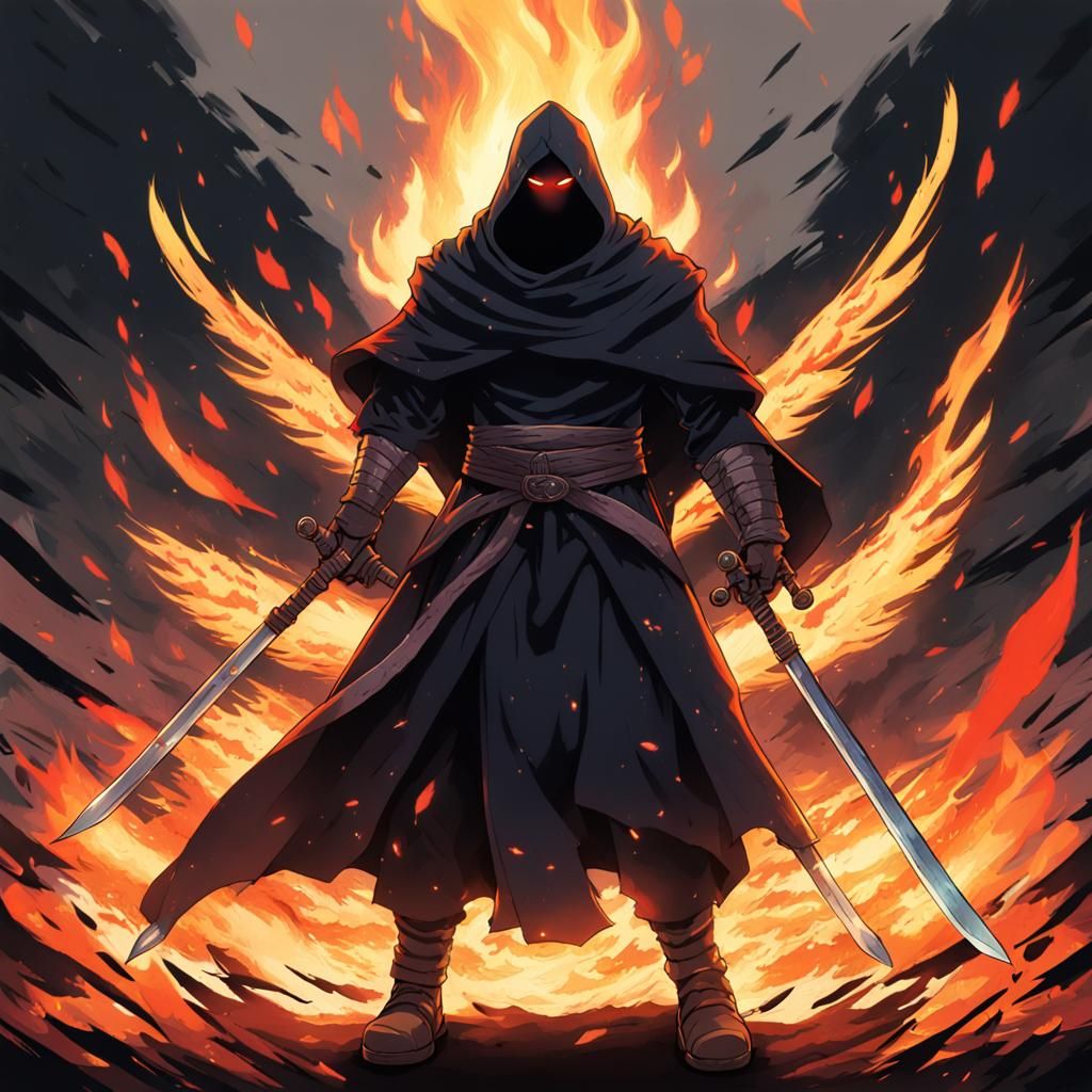 Fiery Cloaked Warrior in Anime Style
