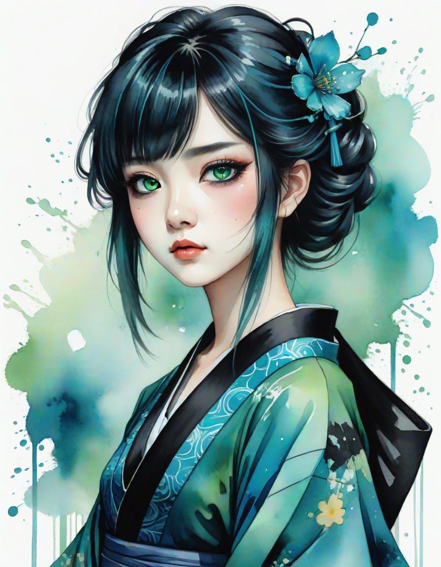 Anime Goth Geisha in Dark, Watercolor Gothic Style