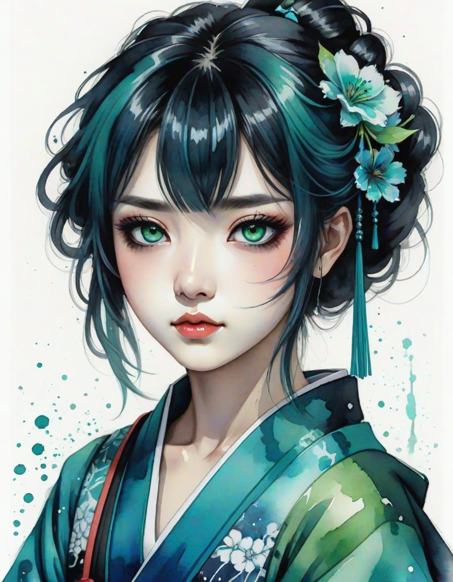 Gothic Anime Geisha in Watercolor Style