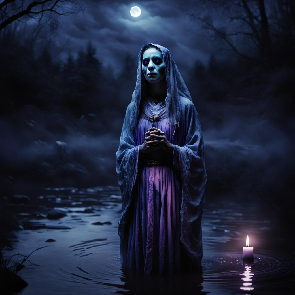 Eerie Surrealism: Crying Ghost Woman by River