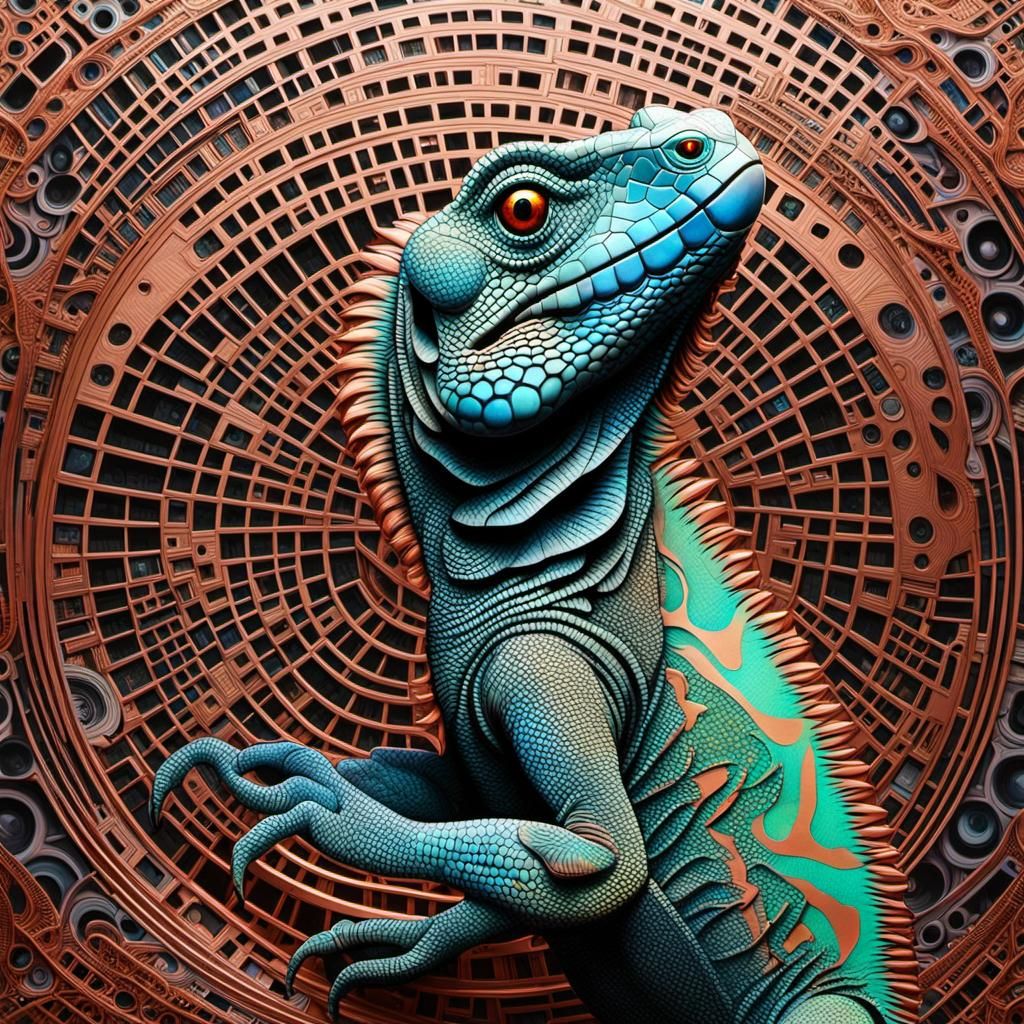 Robotic Iguana with Copper Wirework in Future Apartment