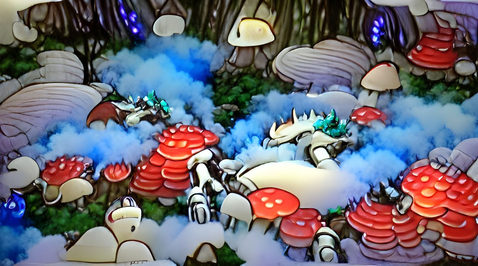 Robotic Dragon Asleep in Smoky Mushroom Forest