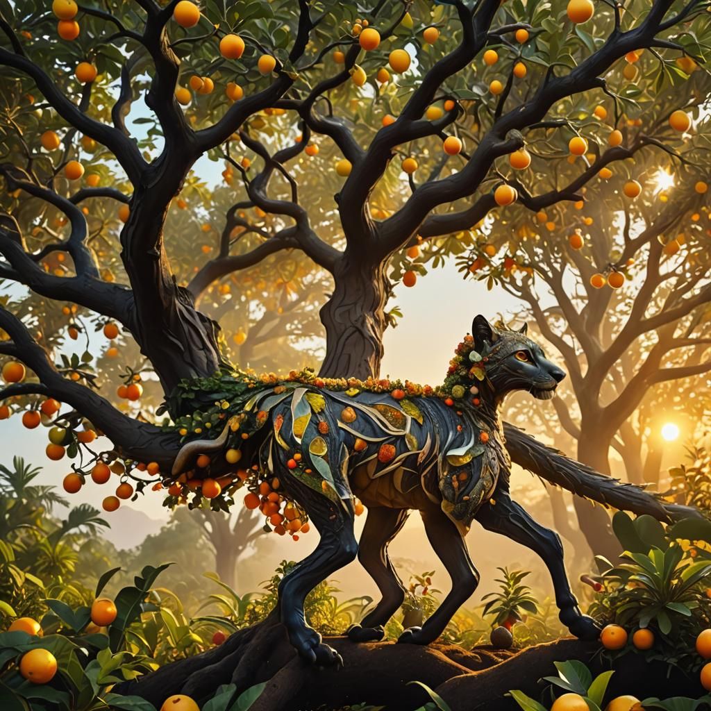 Tree Creature Chasing Bush Creature at Sunset