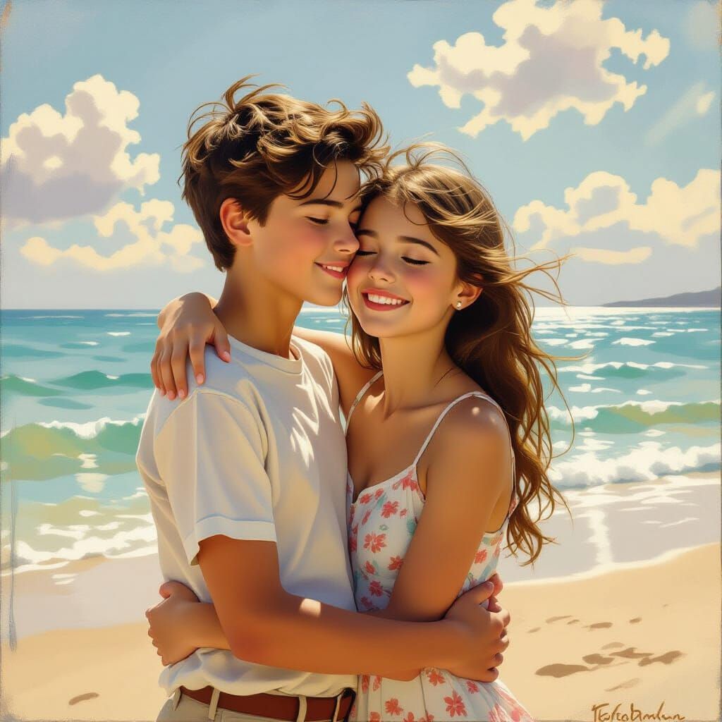 Beach Embrace in Impressionistic Sunlight