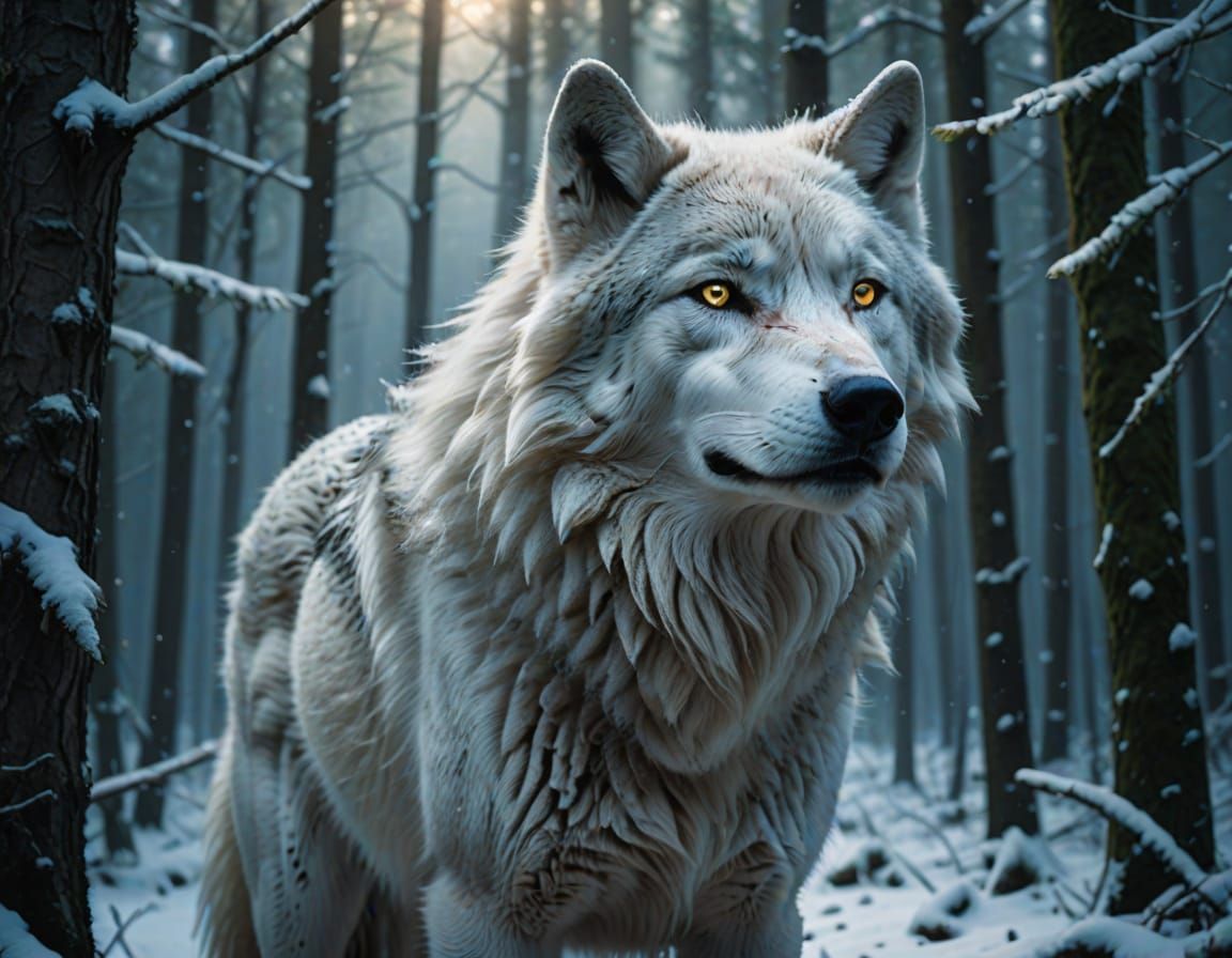 White Wolf Howling in Snowy Forest, Digital Art