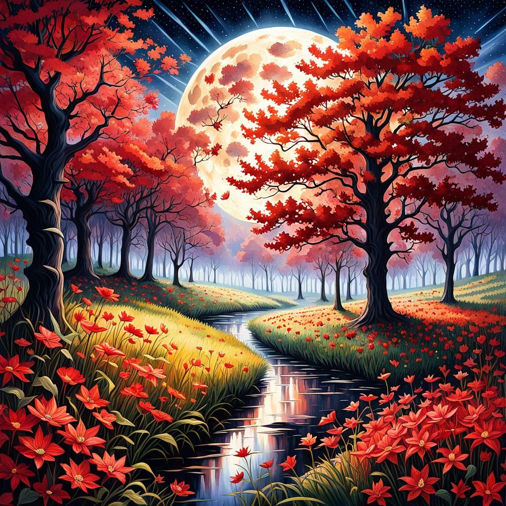 Gothic Autumn Meadow with Red Flowers in Watercolor