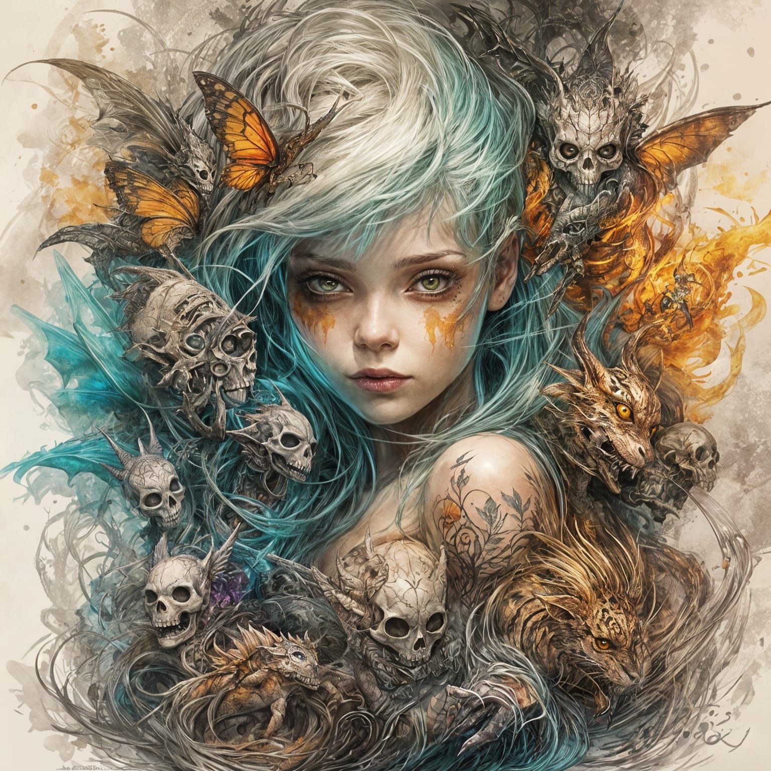 Detailed Tattoo Design with Skull, Dragon, and Characters