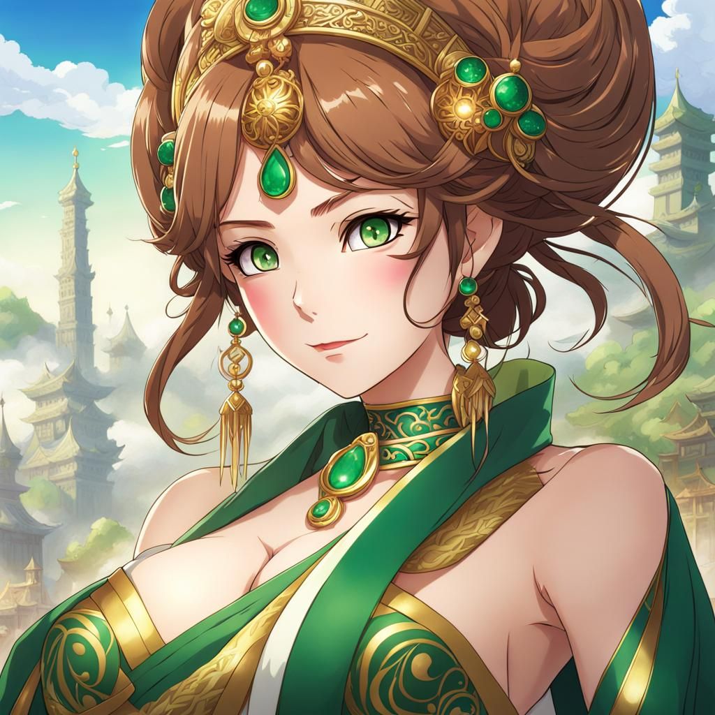 Fantasy Priestess in Anime Style with Green Eyes