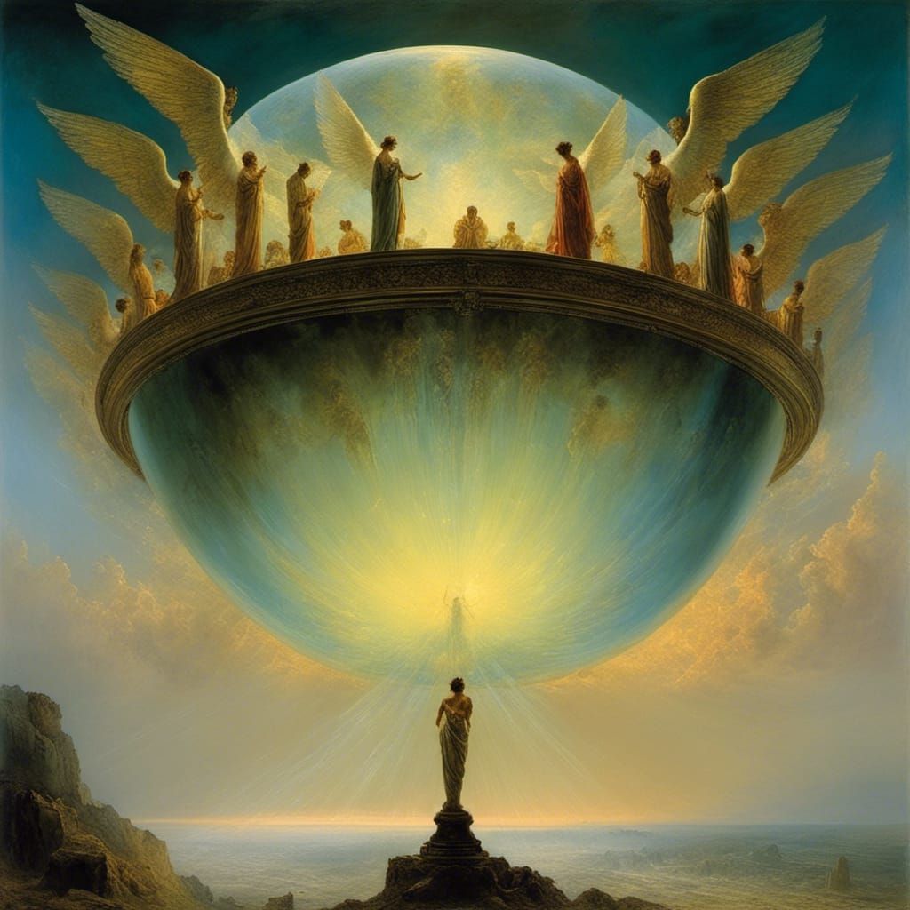 Angels Ascending in Iridescent Dome, Beksiński Style