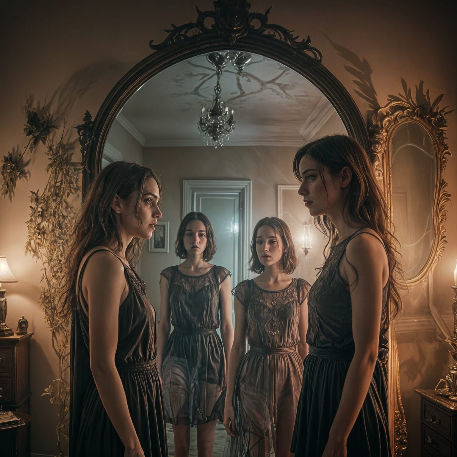 Surreal Nightmare Bedroom in Mirror Reflection