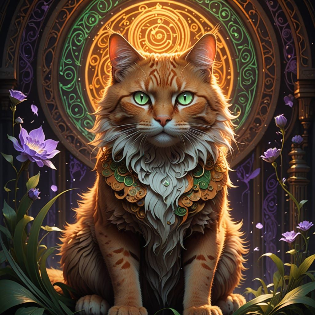 Majestic Fluffy Orange Cat in Whimsical Vortex of Calligraph...