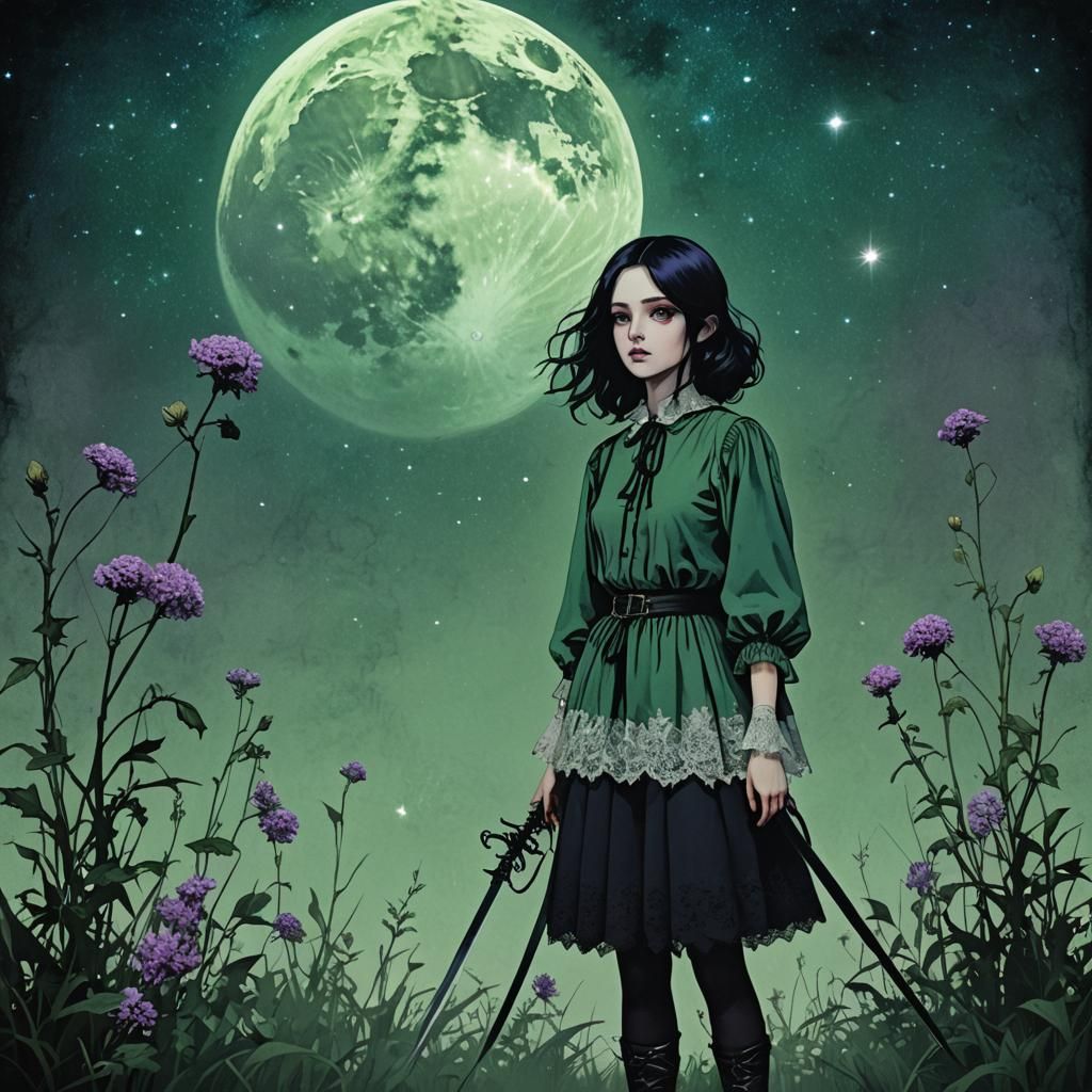 Entangled Academia: Gothic Woman in Starry Landscape