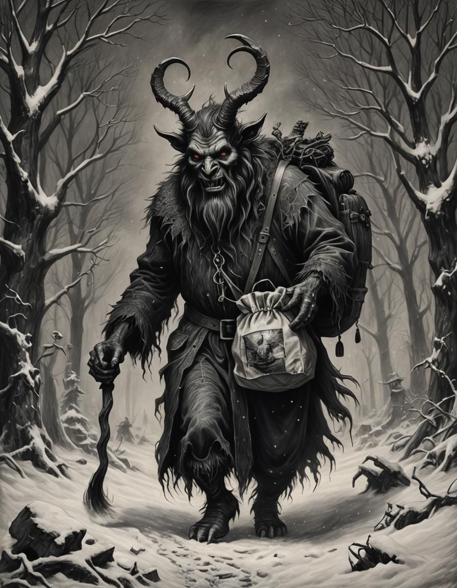 Gothic Krampus with Coal Sack in Charcoal Drawing