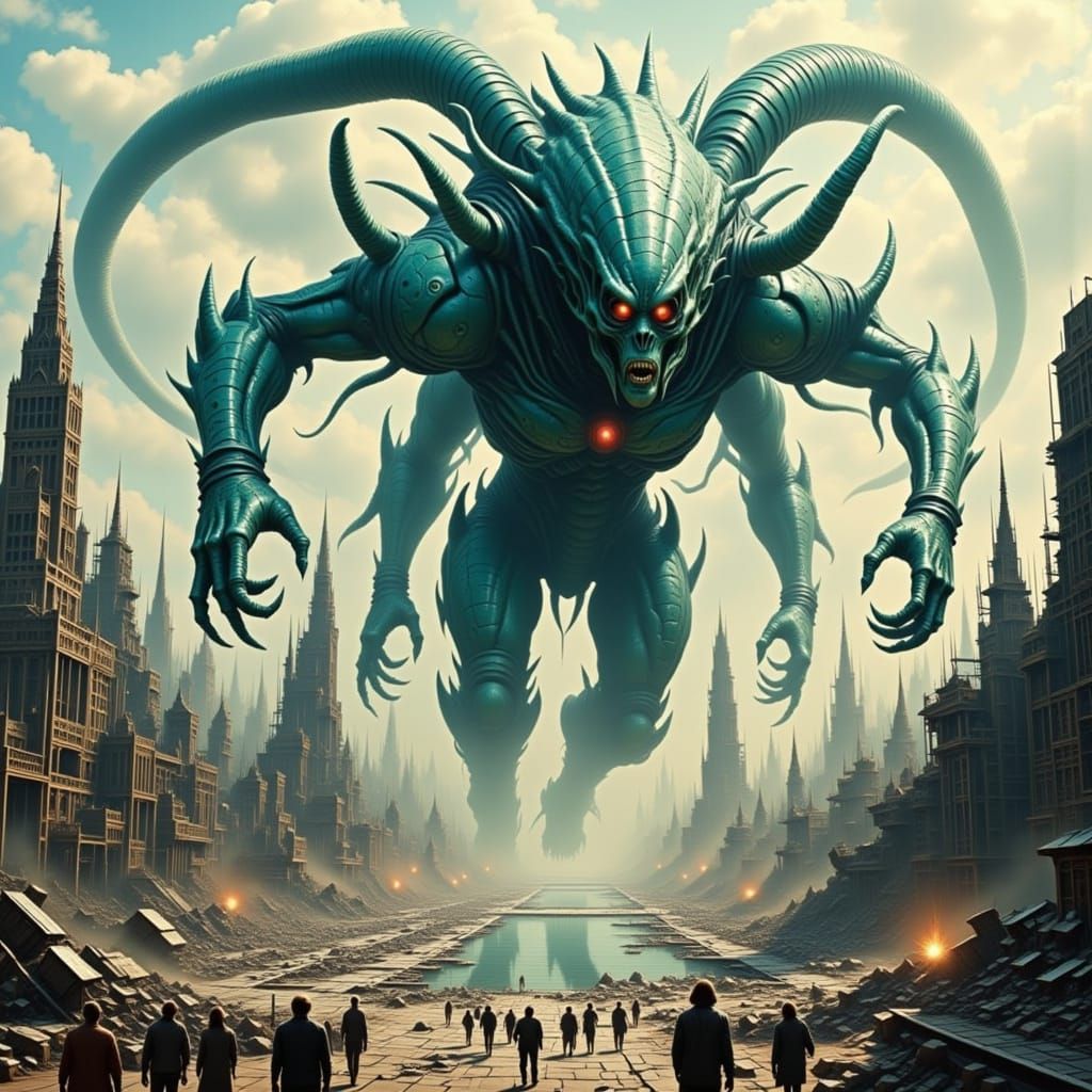Gigantic Alien Devastates Futuristic Cityscape