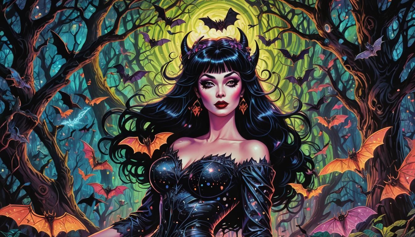 Elvira in Mystical Forest: Cosmic Pinup Illustration
