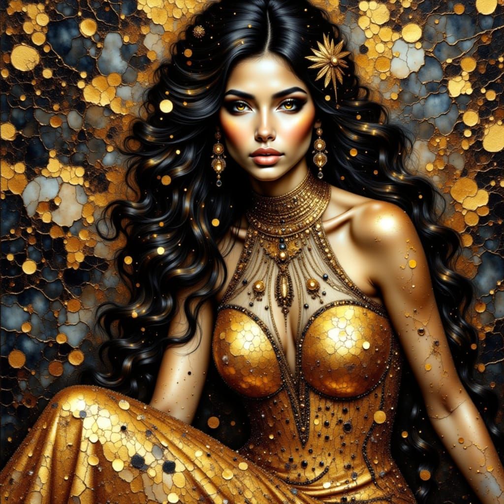 Elegant Woman in Gold Gown with Moonlight Glow