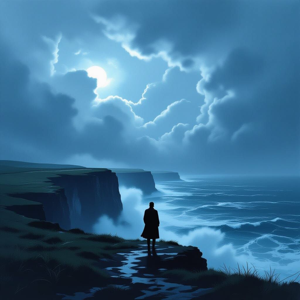 Figure on Cliff Overlooking Stormy Sea in Film Noir Style