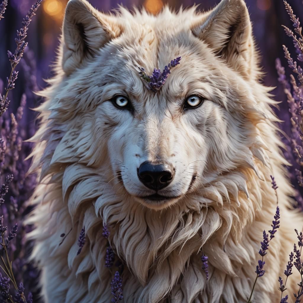 Majestic White Wolf with Lavender Eyes in Hyper-Realistic De...