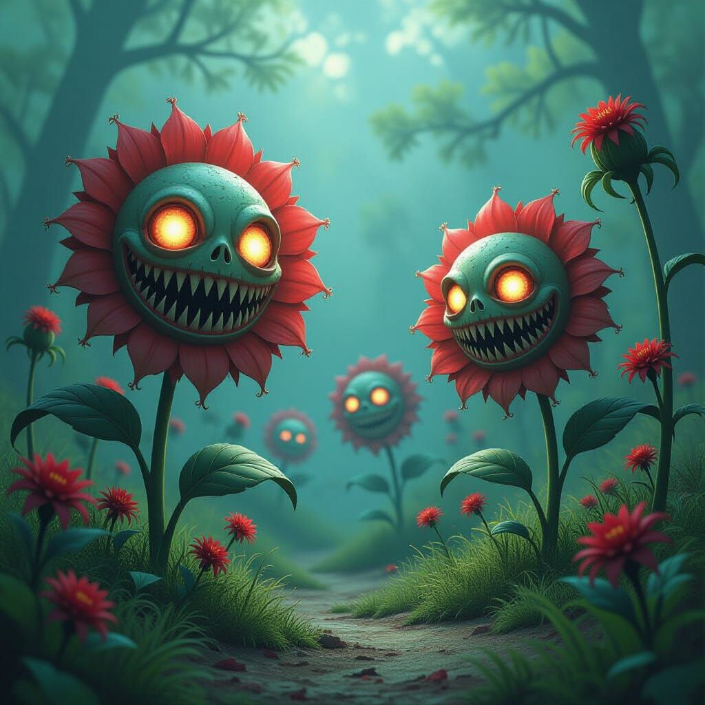 Whimsical Garden with Ferocious Flowers in Dark Fantasy Styl...