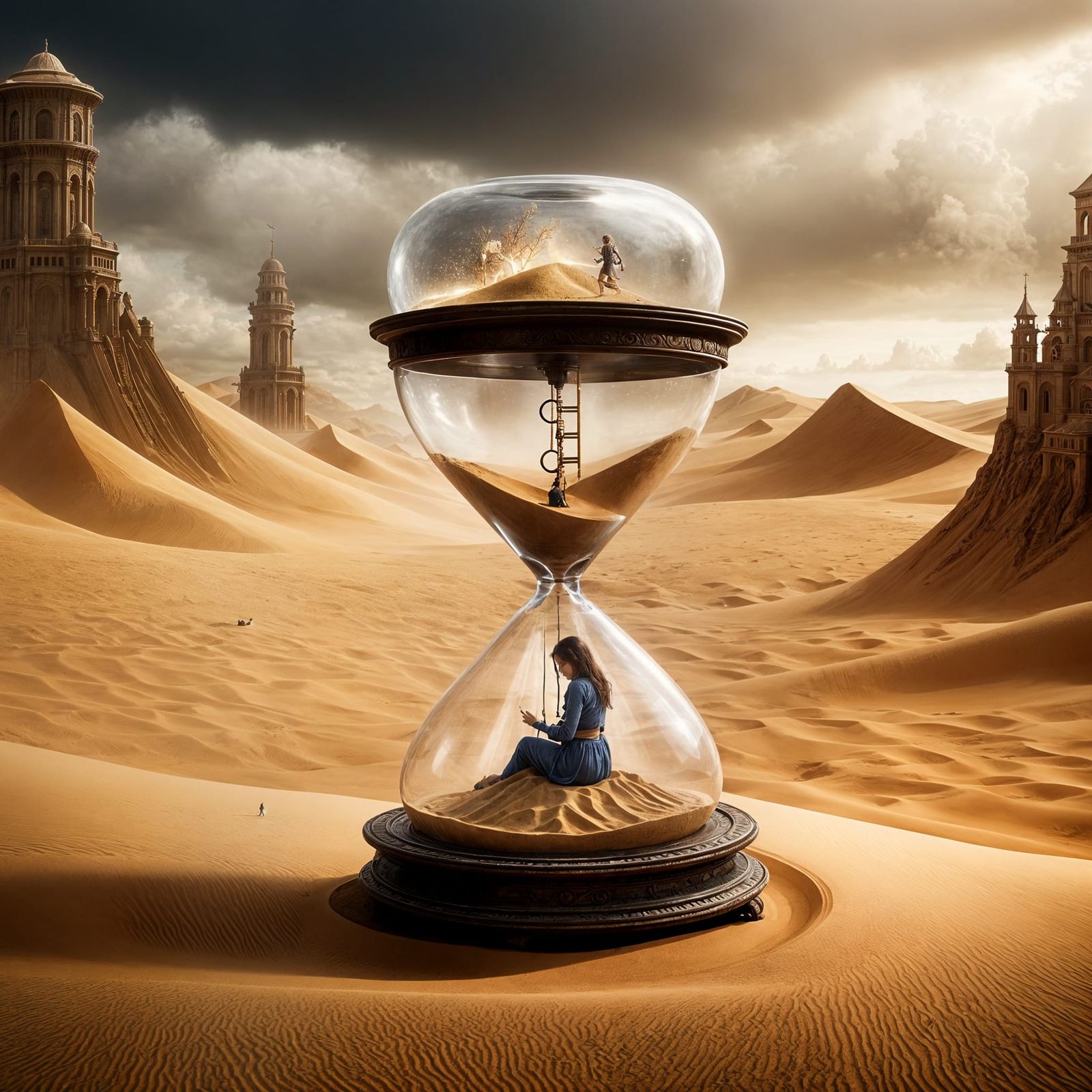 Woman Trapped in Hourglass Sandstorm: Digital Matte Painting