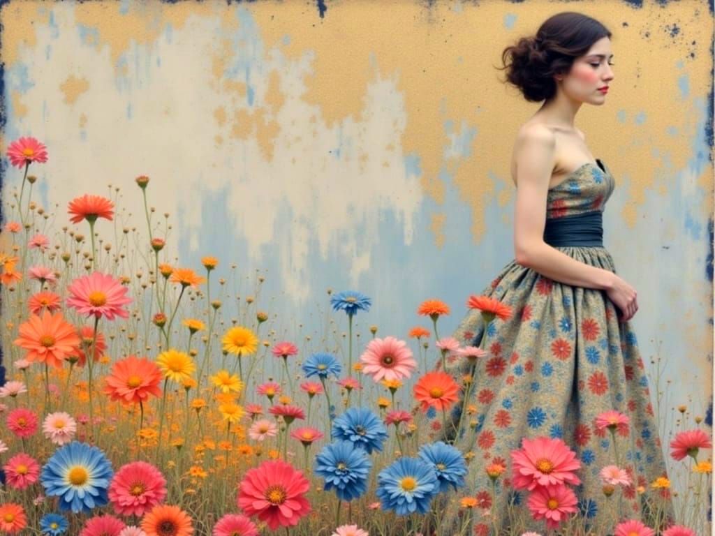 Woman with Floral Background in Klimt Style