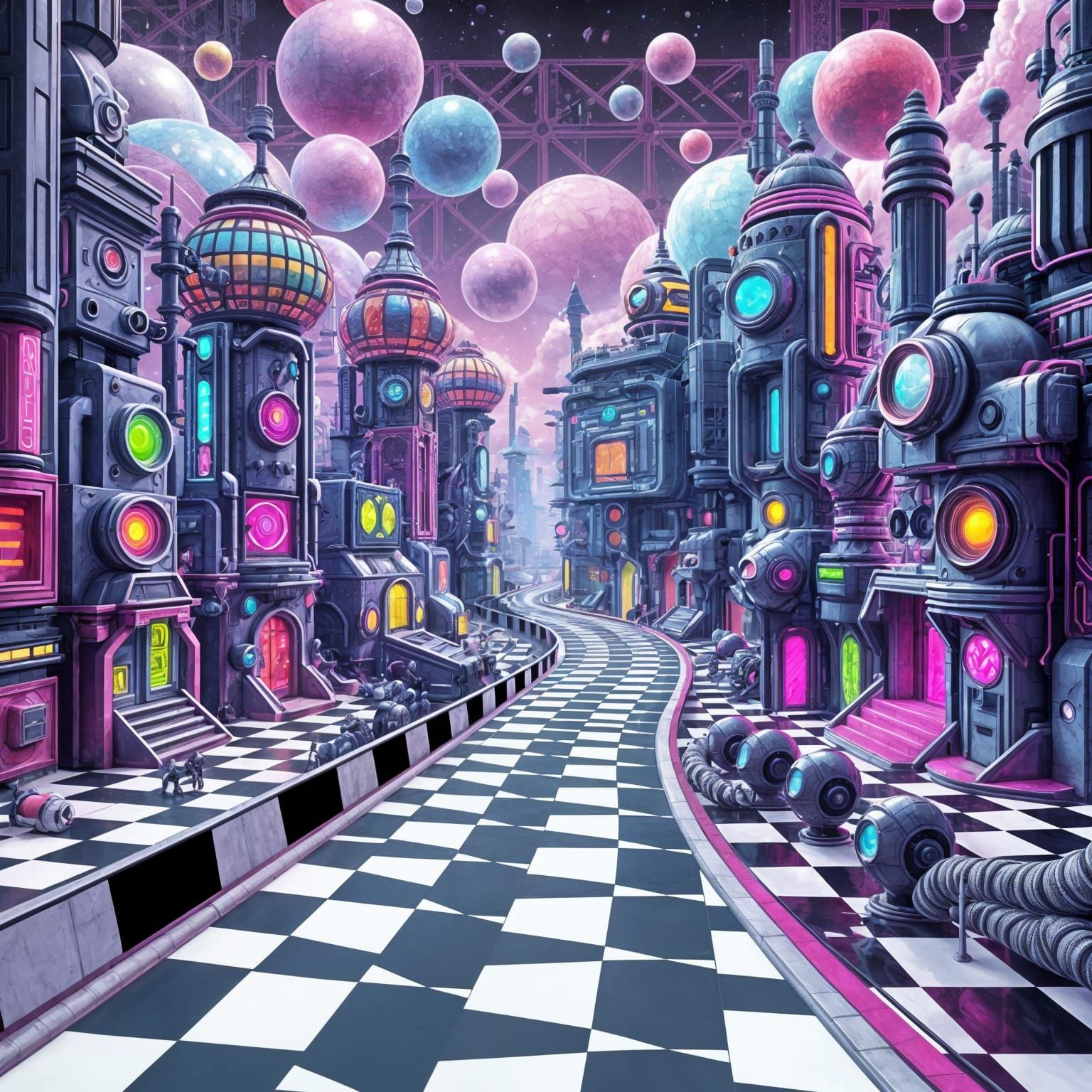 Isometric Cityscape with Checkered Path in Pop Surrealism