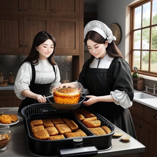 Pilgrims Discover Modern Air Fryer in 1680s Kitchen