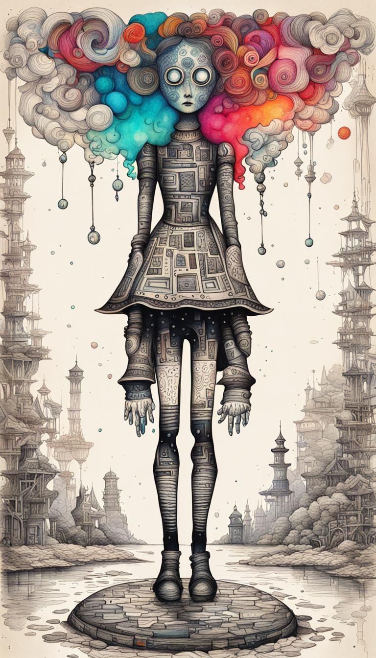 Whimsical Ink Drawing of Upside Down Android