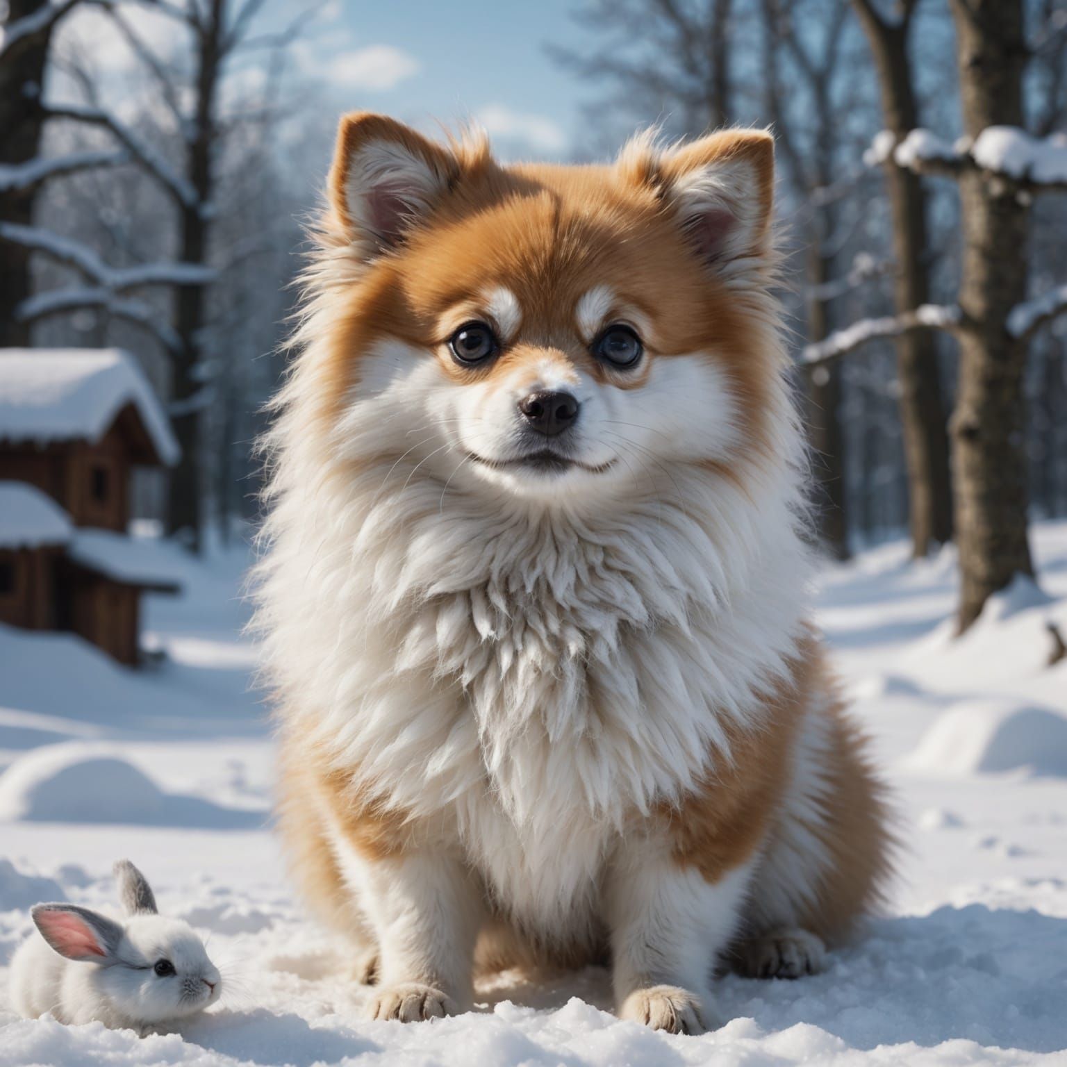 German Spitz Puppy and Rabbit in Snow