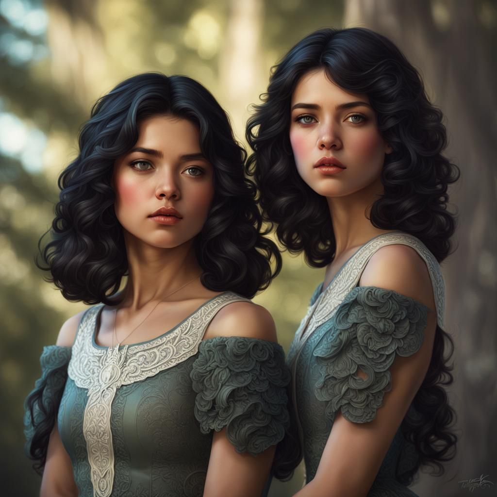 Twin Girls Portrait in Hyperdetailed Digital Art Style