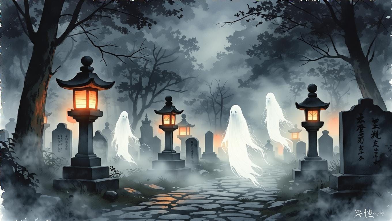Ethereal Japanese Cemetery at Night in Alcohol Ink Style