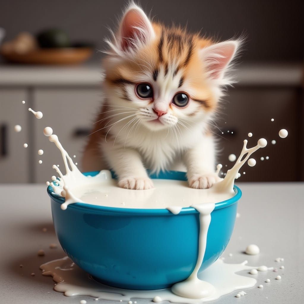 Playful Kitten Splashing Milk in Kitchen Bowl