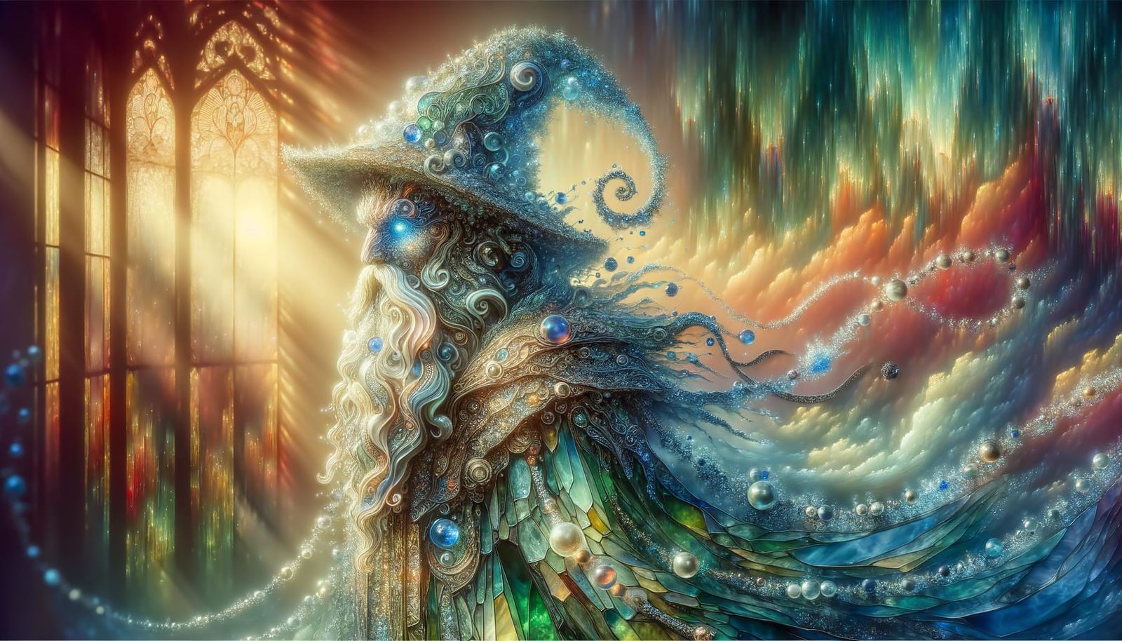 A wizard, made of stained glass, translucid jade stone and b...