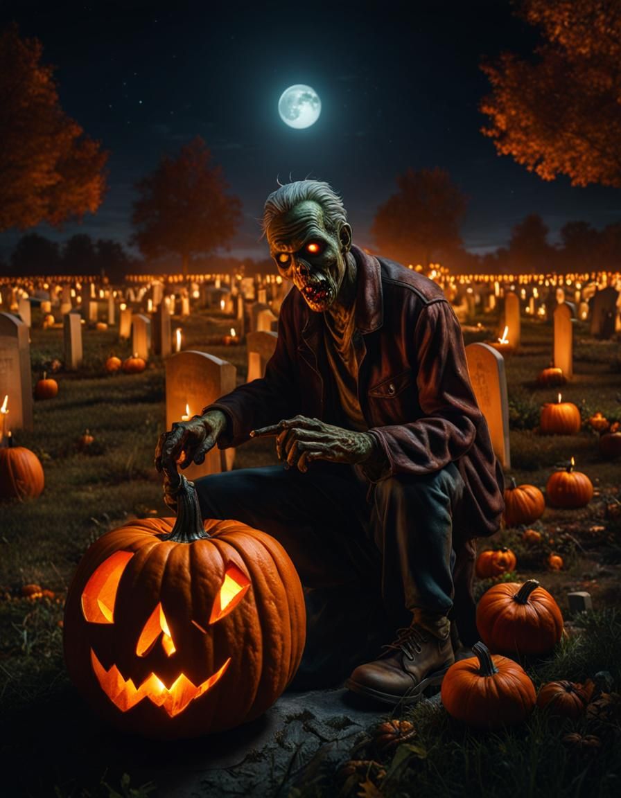 Zombie Carving Pumpkin in Cemetery at Night