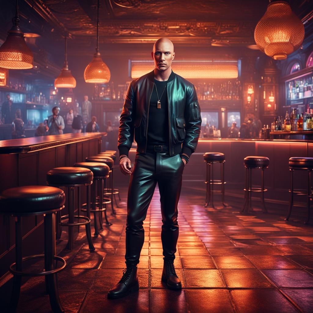 Handsome Man in Leather in Modern Bar, Digital Art