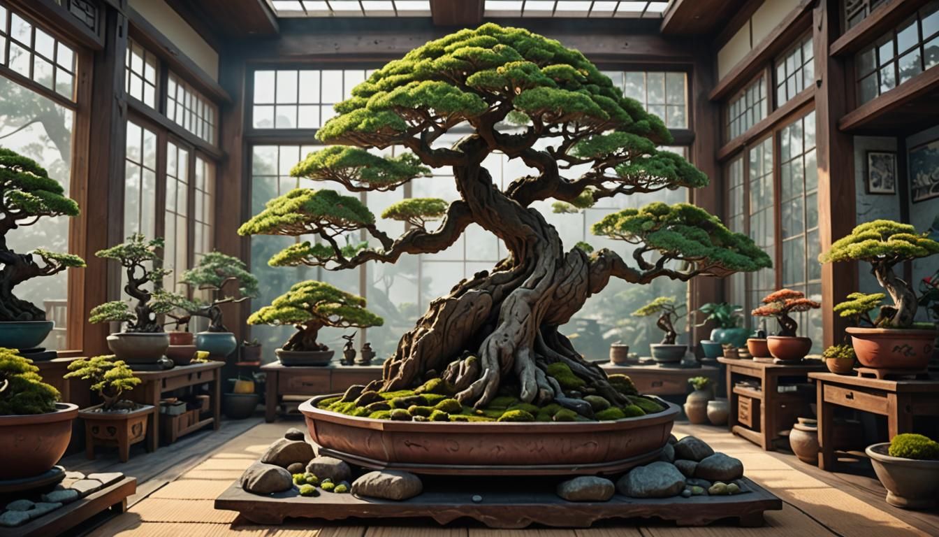 Serene Bonsai Garden: Matte Painting in Natural Light